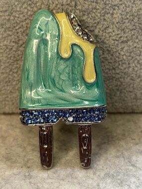Teal and Yellow Popsicle Brooch with Blue Crystal Trim